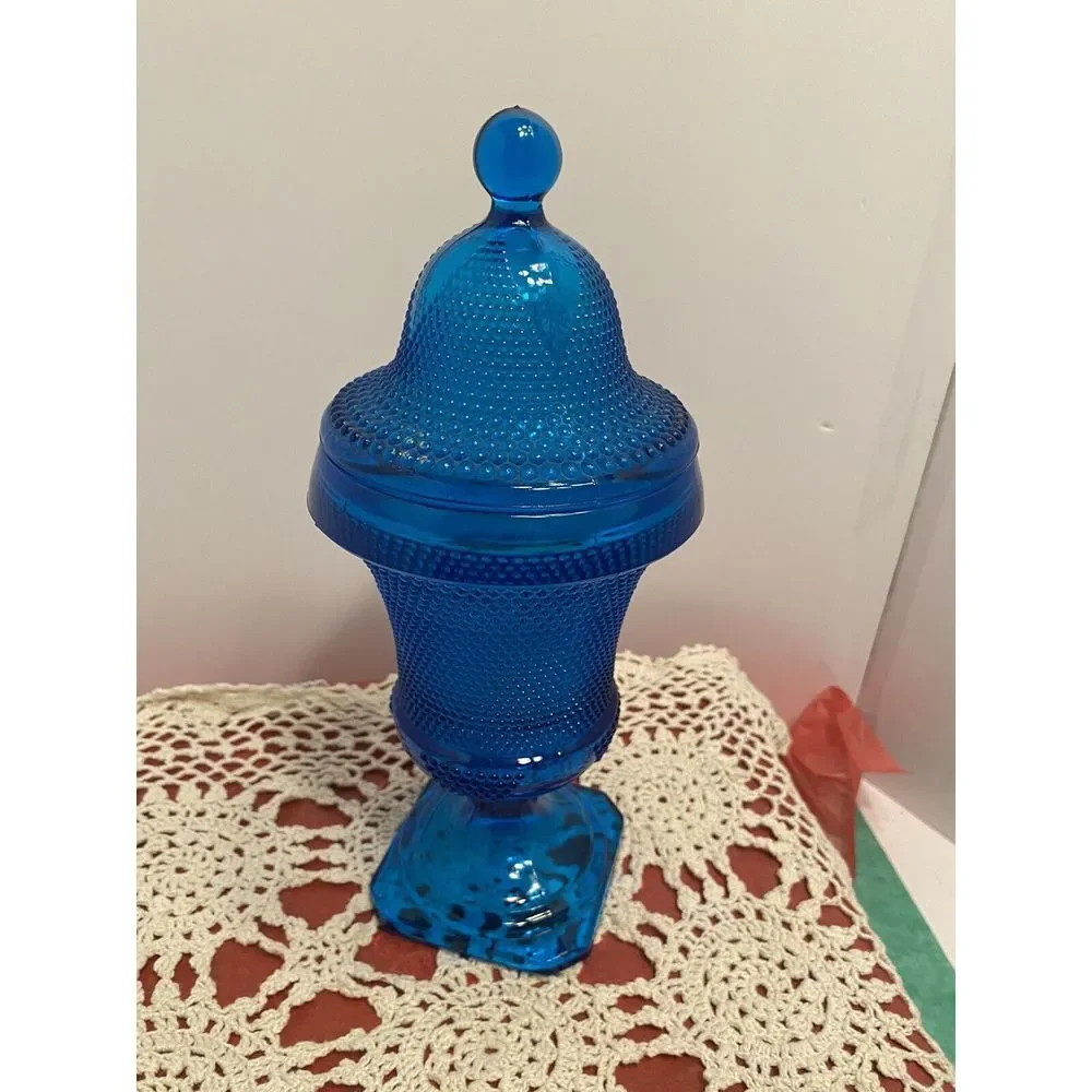 Blue Glass Lidded Apothecary Jar, Dot & Leaf Pattern, 10.5